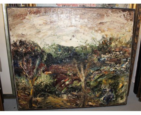 R. Van den Heede, signed oil on canvas, expressionist wooded landscape, 61cms x 70cms 