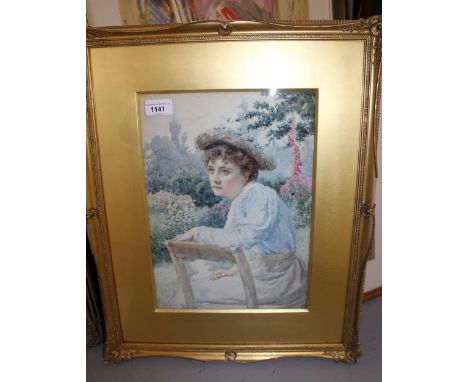 George Brown, signed watercolour, portrait of a young lady seated in a garden, 34cms x 24cmsIs a watercolour, not a print. Fa