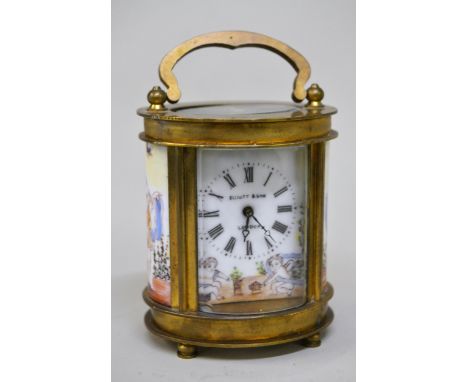 French oval gilt brass and porcelain miniature carriage clock, the dial inscribed Elliott & Sons, London 