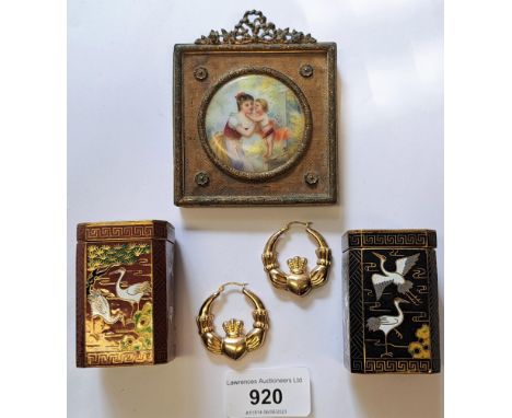 Pair of 9ct gold hoop earrings, 3.6g, together with two small cloisonne trinket boxes and a small gilt frame, housing a small