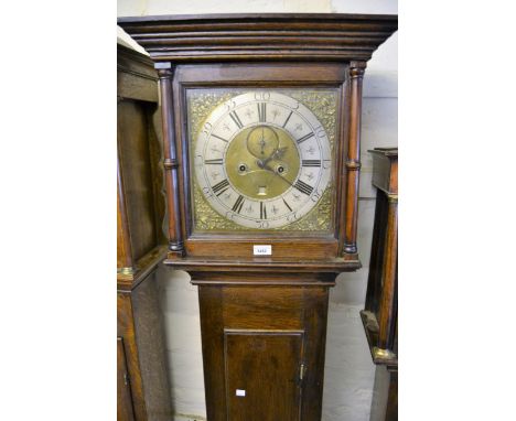 18th Century oak longcase clock, 12in brass dial, the square hood with flanking split moulded pilasters above a rectangular p