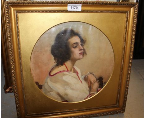 H. Hall, signed 19th / 20th Century oil on canvas loosely laid on board, portrait of a young lady, 26cms circular 