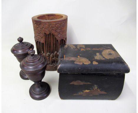 Chinese bamboo cylindrical vase, a rectangular tea caddy and a pair of turned wooden covered cupsTreen cups- 15cm tallVarious