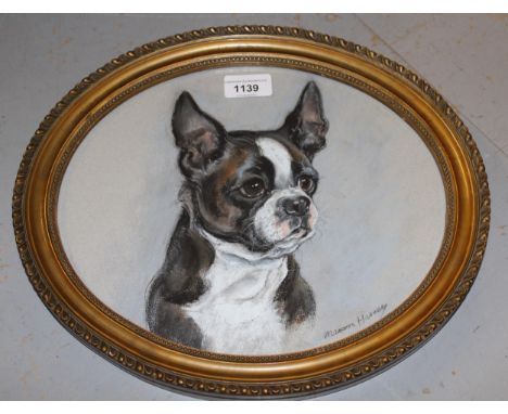 Marion Harvey, signed coloured chalk drawing, portrait of a French bulldog, 25cms x 19cms, oval gilt framed 