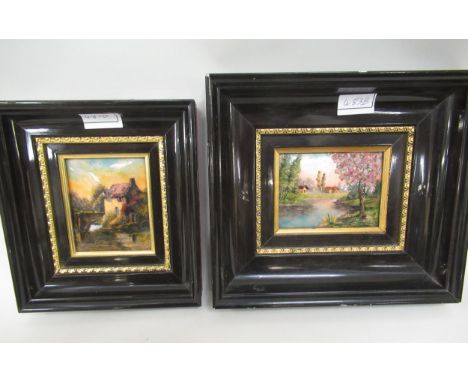 Two 20th Century French Limoges enamel on copper panels, river landscape and watermill, signed Mary Lou and Burcau, 10cms x 8