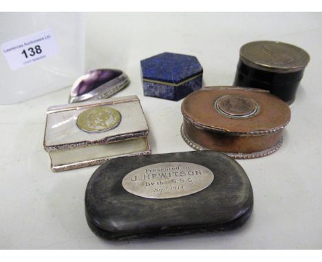 Horn snuff box with white metal presentation plaque dated 1914, a copper coin inset snuff box, another silver plated coin ins