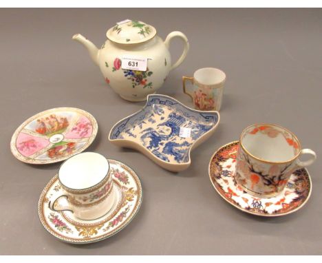 18th Century English floral decorated teapot (at fault), three various cups and saucers and a small Willow pattern dish 