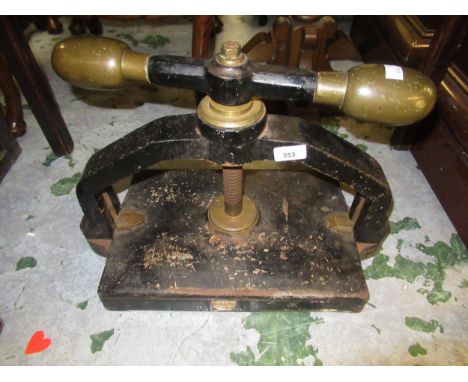 19th Century cast iron and brass mounted book press, 50cms wide approximately 