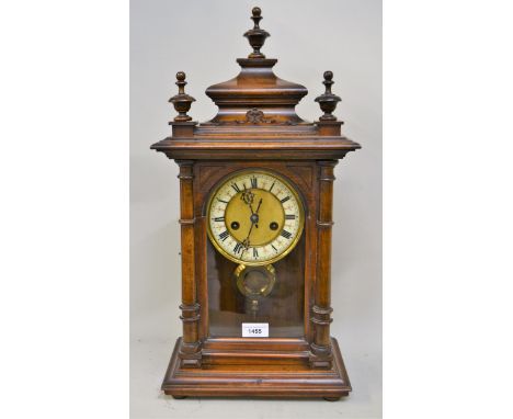 Late 19th / early 20th Century German two train mantel clock with architectural case, the enamel dial with Roman numerals, 57
