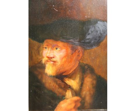 Ornate gilt framed oil on board, portrait of a Dutch gentleman ( copy after Rembrandt ), 17cm x 12cm 