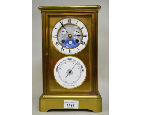 Late 19th / early 20th Century four glass library clock/ barometer, the principal dial with enamel chapter ring and Roman num