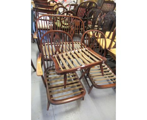 Ercol stained beechwood three piece sitting room suite with footstool 