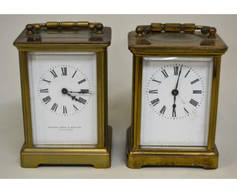 Small brass cased carriage clock, the enamel dial with Roman numerals, signed Mawson, Swan & Morgan, Newcastle together with 