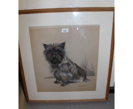 Pencil and pastel portrait of a seated dog, signed Karella, dated '81, framed, 43cms x 40cms 