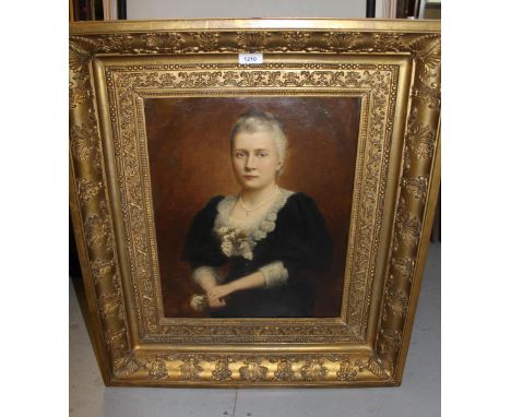 19th Century, oil on canvas, half length portrait of a lady with blue dress, in a contemporary gilt frame, 46cms x 37cmsPleas