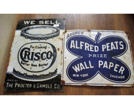Enamel advertising sign for ' Crisco ', 51cms x 35.5cms together with another, ' Alfred Peats Wallpaper ', 35.5cms x 43cms 