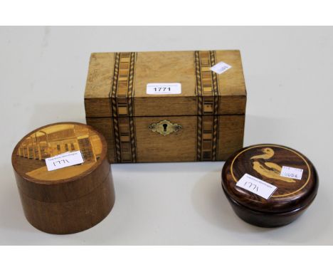 Small 19th Century walnut parquetry inlaid tea caddy, together with a 20th Century circular inlaid box and cover by Elizabeth