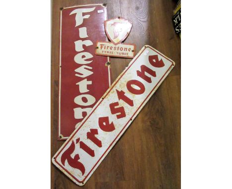 Three various enamel advertising signs for Firestone Tyres, 91.5cms x 33cms, 23cms x 90cms and 30cms x 25.5cms respectively 