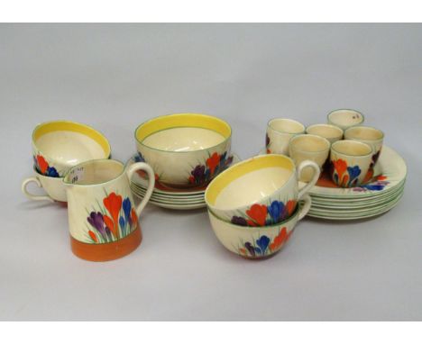Clarice Cliff Crocus pattern part breakfast set comprising:  seven side plates, five saucers, four cups, six egg cups, sugar 