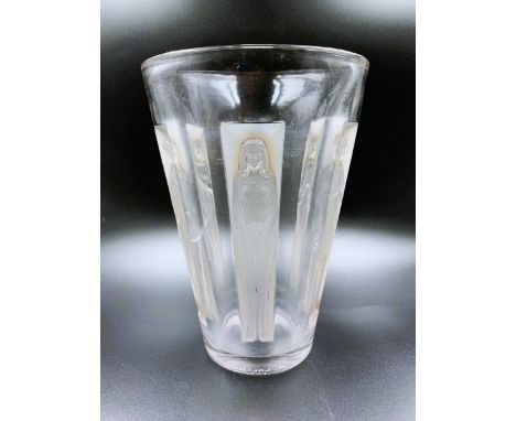 Lalique clear and frosted glass vase, ' Gobelet Six Figurines ', wheel etched mark R. Lalique, France, 19.5cms highSome minor