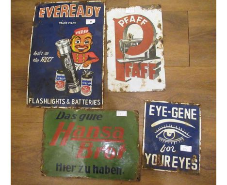 Enamel advertising sign for ' Eveready ', 46cms x 30.5cms, together with three other small enamel advertising signs for ' Pfa
