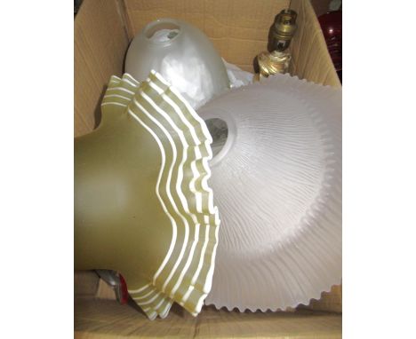 Set of ten matching clear and floral etched glass lampshades and a plaster lamp base mounted with a figure of a cherub, a han