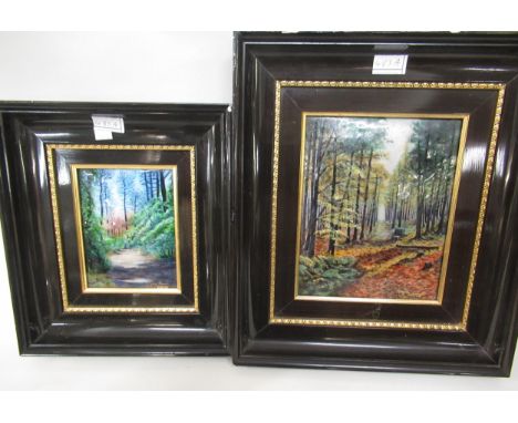 Two 20th Century Limoges, enamel on copper panels, woodland scenes, signed Mary Lou, 24cms x 19cms and 17cms x 13cms, housed 