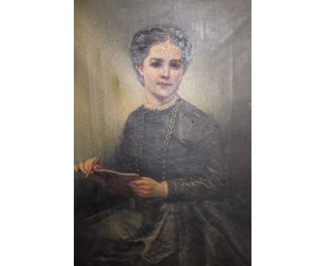 19th Century oil on canvas, portrait of a seated lady writing in a book, 56cms x 43cms, gilt framed (for restoration) 