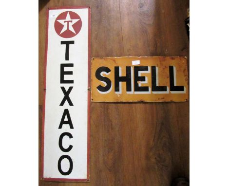 Enamel advertising sign for Shell and another similar, ' Texaco ', 89cms x 26.5cms and 89cms x 24cms 