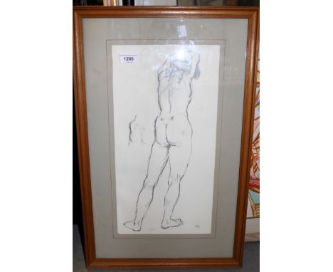 Pencil study of a nude figure, monogrammed, framed, 43cms x 22cms, together with another pen sketch of a soldier, signed Lind