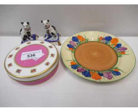 Clarice Cliff Bizarre Crocus pattern side plate, 15cms diameter, together with a circular porcelain box and cover, and a pair