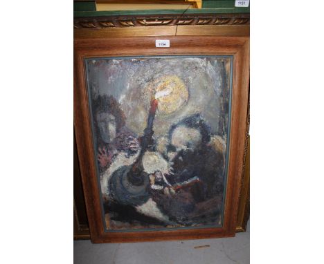 Early 20th Century oil on canvas, study of two figures by a candle lamp, signed Coxon verso, 56cms x 40cms 