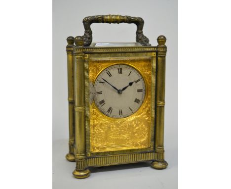 Regency brass cased timepiece carriage clock, the silvered dial with Roman numerals and engraved gilt brass surround, the fou