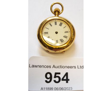 18ct Gold cased fob watch with keyless movement, enamel dial and Roman numerals (lacking hands), 17.2g grossInner dust cover 