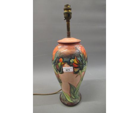 Large late 20th Century Moorcroft pottery table lamp, with tubeline floral decoration, 32cms high 