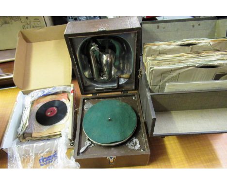 Decca ' Junior ' table model wind-up portable gramophone, together with a quantity of records 