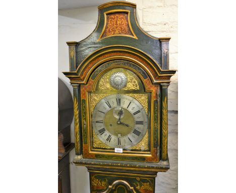 18th Century green chinoiserie lacquered longcase clock, the arched dial inscribed Edmond Dore, 1734 and Joseph Elford Lyming