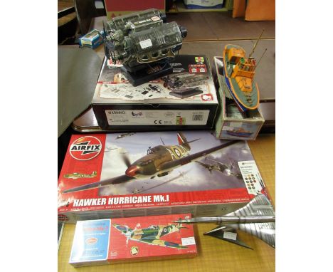 Airfix Hawker Hurricane Mk I, 1:24 scale model, in original box (unbuilt), together with a Machine Works V8 engine model, wit