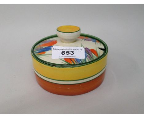 Clarice Cliff Bizarre Crocus pattern preserve jar and cover (chips to rim), 9.5cms diameter 