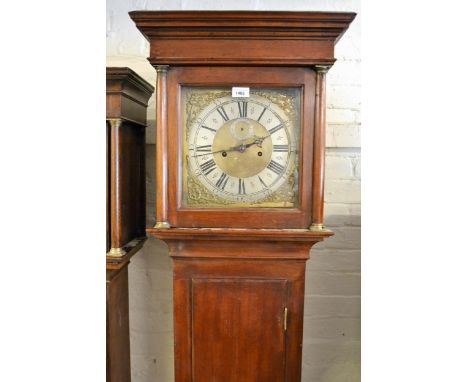 18th Century mahogany longcase clock, the square hood with flanking pilasters above a rectangular panelled door and conformin