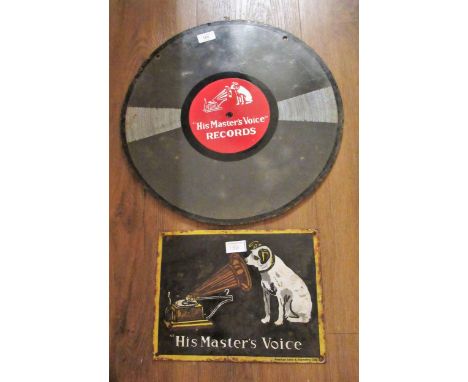 Circular double sided enamel advertising sign in the form of a record for ' His Master's Voice ' and ' Colombia ', 46cms diam