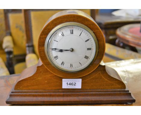 Edwardian mahogany and line inlaid drum form mantel clock with enamel dial and Roman numerals, 26cms wide 
