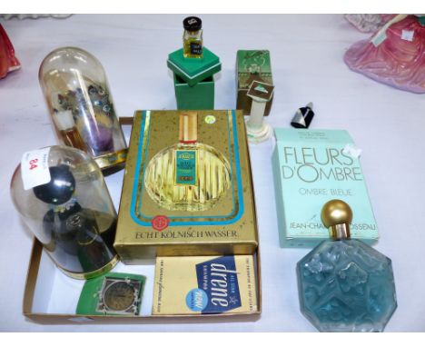 A selection of vintage scent bottles including Fleurs D'Ombre in original box; 2 Max Factor Hypnotique with cats under domes;