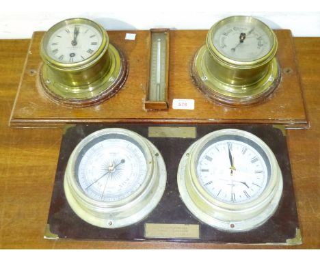 A brass ship's clock 'HM Submarine E29' and Admiralty B573 barometer by Henry Brown, London with thermometer on mahogany brac