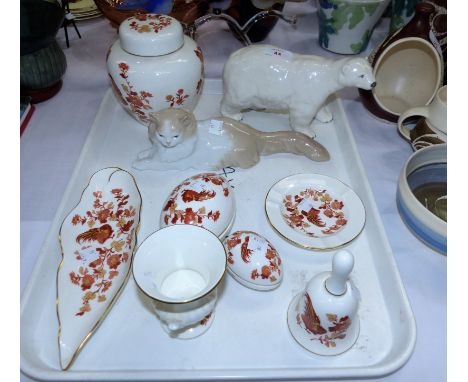 A Beswick Polar Bear; a Nao reclining cat, 7 pieces of Wedgwood 'Golden Cockerel' trinket ware