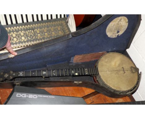 A vintage mid-20th century 5 string banjo by Clifford & Co number 0481 in case; John Grey Dulcetta Banjos with later bentwood