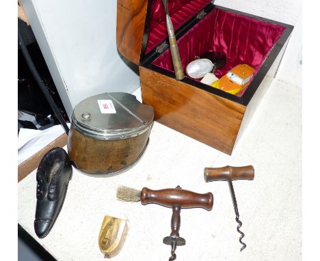 A metal mounted horse's hoof table snuff box, a Mauchline thimble case, 2 corkscrews and other collectables