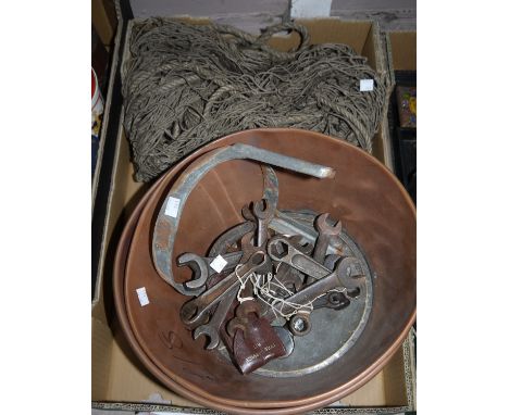 A hammock, copper sieve and other vintage items