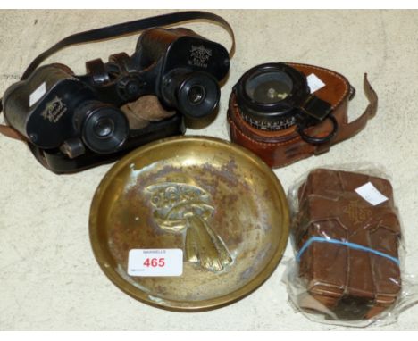 A prismatic compass by Franks Manchester number 932 MK1X, leather case, an old Bill brass tray, a pair of Busch 6 x 30 field 