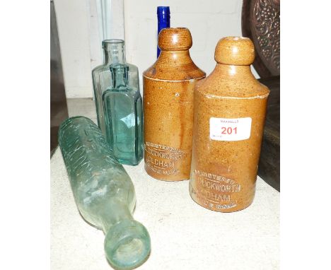 2 19th century bottles by E. Duckworth Oldham and 4 vintage glass bottles